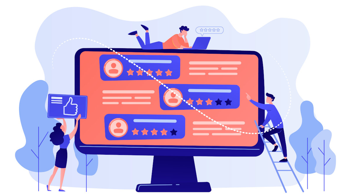 personas construyendo reseñas en un sitio web