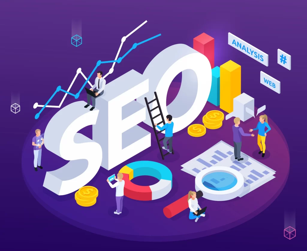 Composición isométrica análisis SEO símbolos optimización web