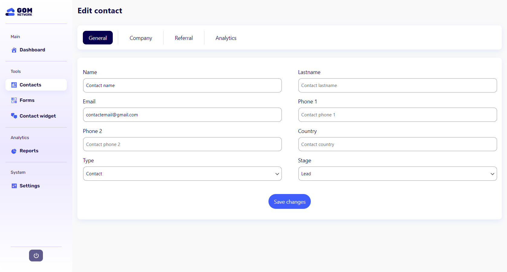 modulo de administración de contacto de gom tools