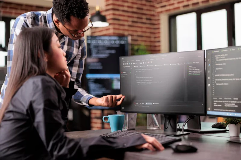 Hombre explicando lenguaje de programación a compañera en frente de una pc